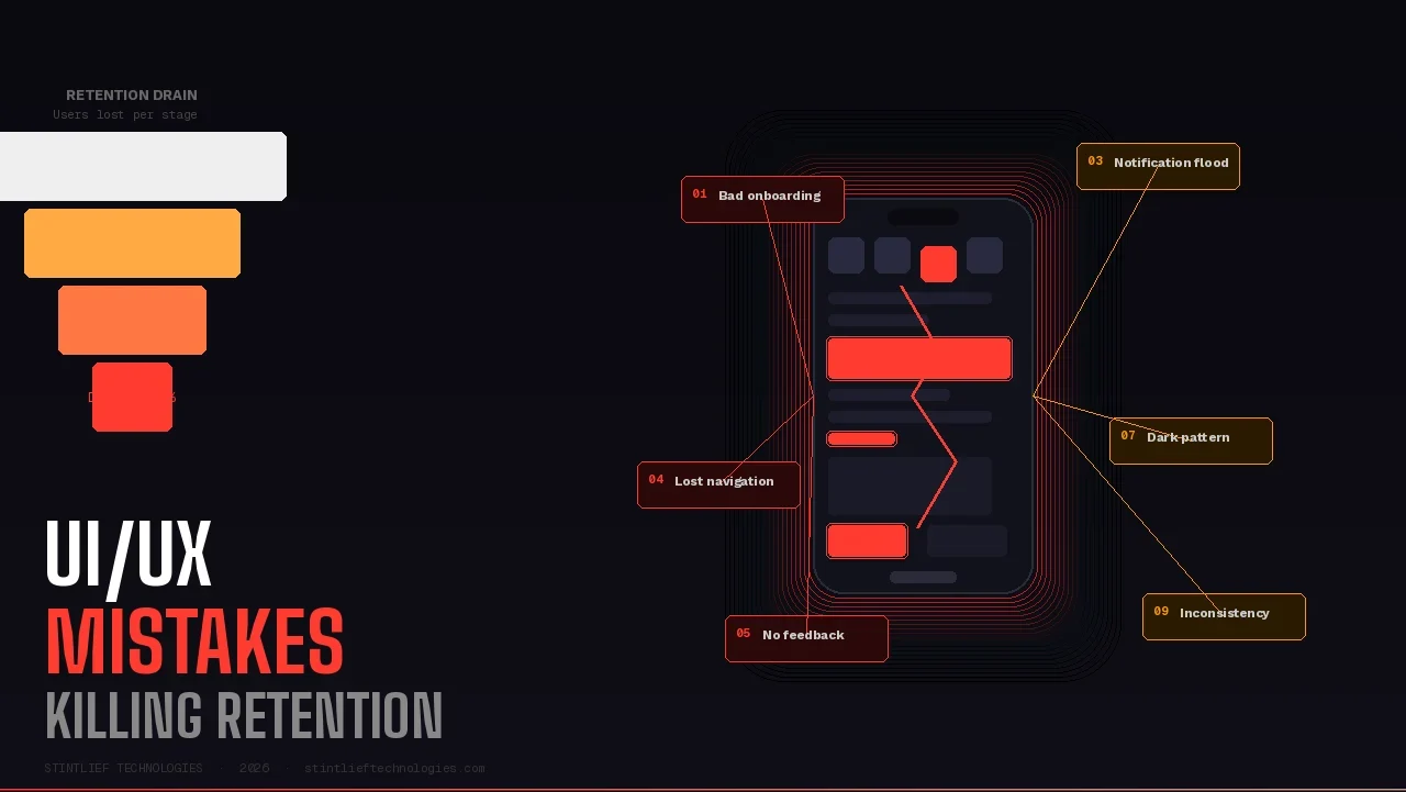 UI/UX mistakes killing app retention in 2026 — broken app wireframe showing onboarding errors, notification overload, dark patterns and navigation failures by Stintlief Technologies