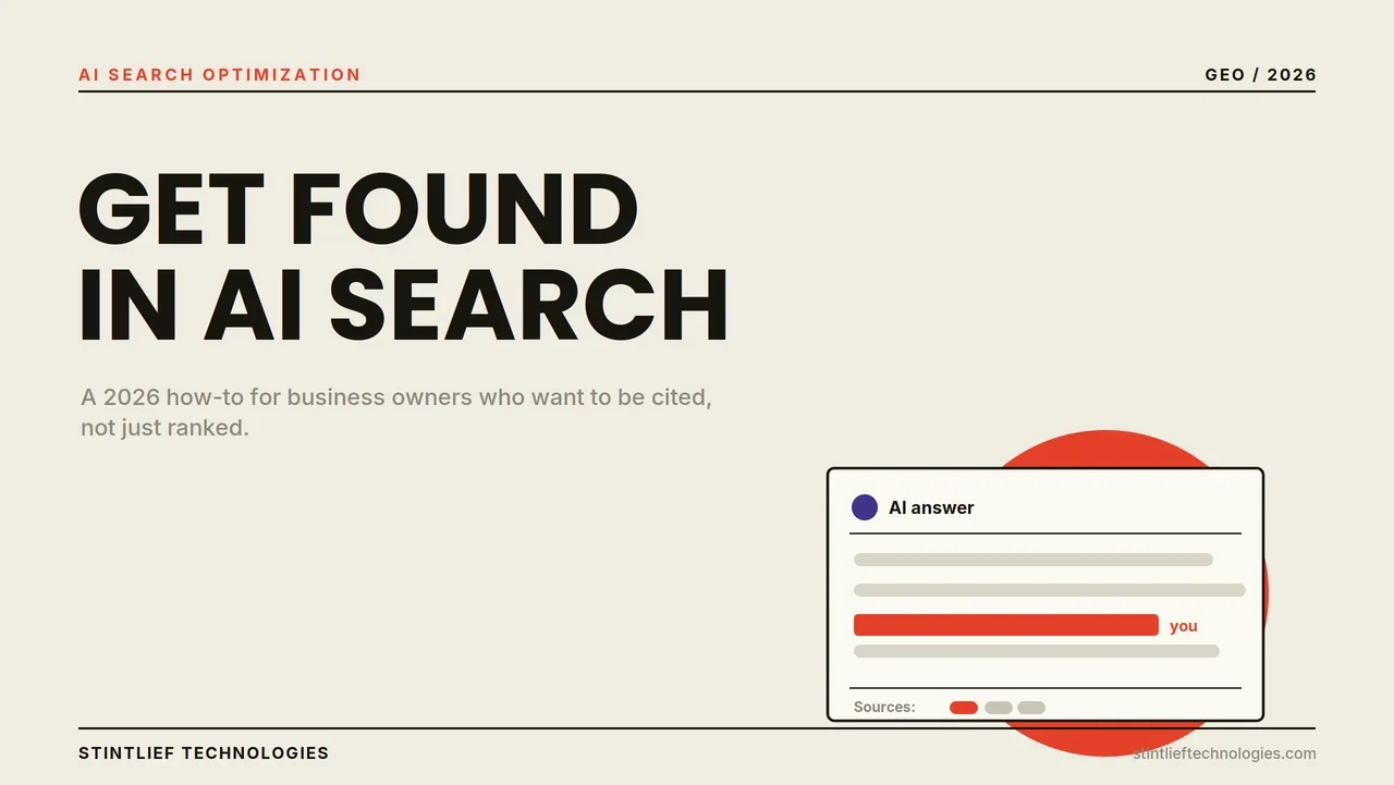 Bold minimalist illustration of an AI search answer citing a business's brand — a 2026 guide to getting found in AI search — Stintlief Technologies
