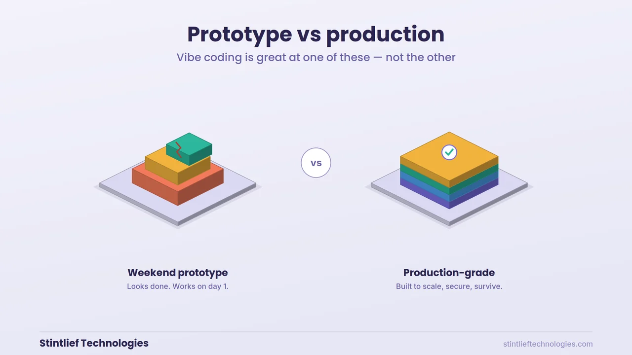Isometric comparison of a quick vibe-coded prototype versus a production-grade system built with proper architecture, security and tests — Stintlief Technologies