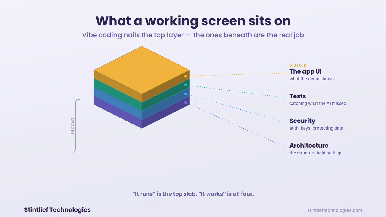 Isometric layer diagram showing a polished app screen sitting on top of hidden foundations — architecture, security and tests — that vibe coding often skips — Stintlief Technologies